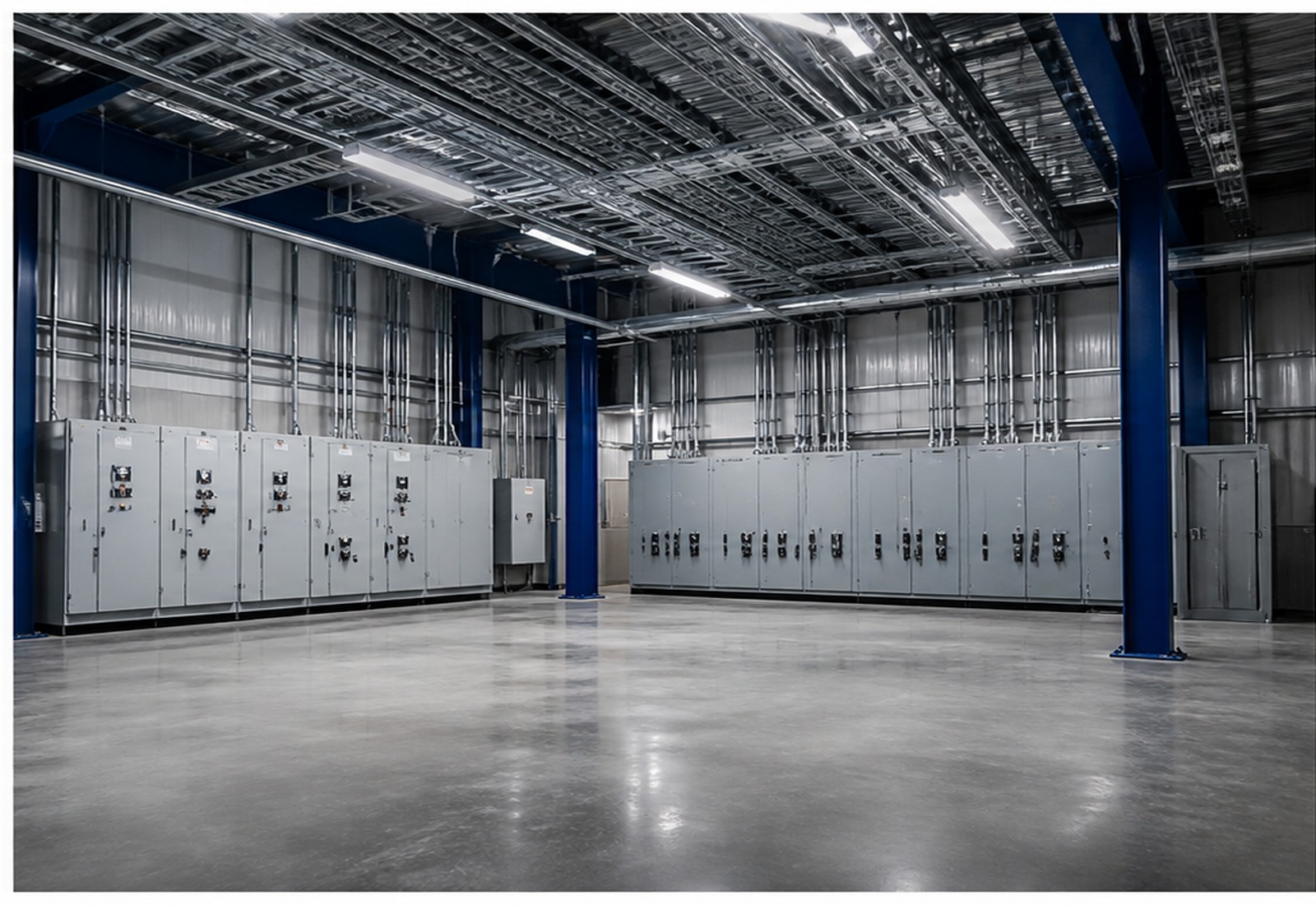 Technicians installing electrical and network infrastructure in an industrial facility