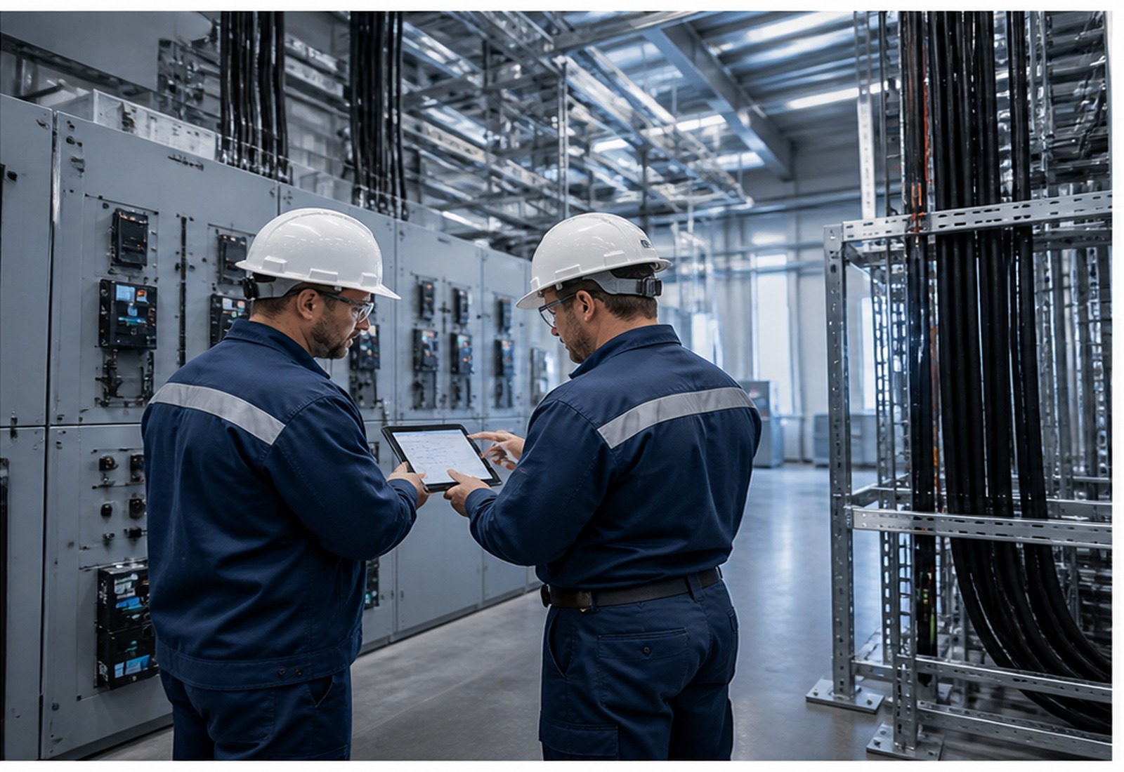 Technicians reviewing an industrial site walk plan on a tablet